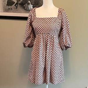 Abercrombie & Fitch Romper Dress Brown Checkered Puff Sleeve, Sz. Medium Tall